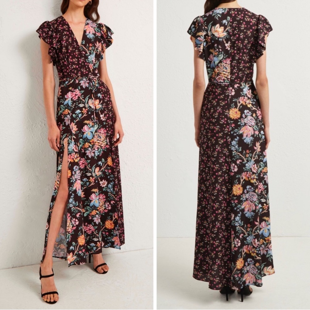 French Connection Pink and Brown Wrap Maxi Dress with Flutter Sleeves